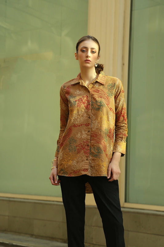 fascinating loose fit allover aari embroidered button down shirt