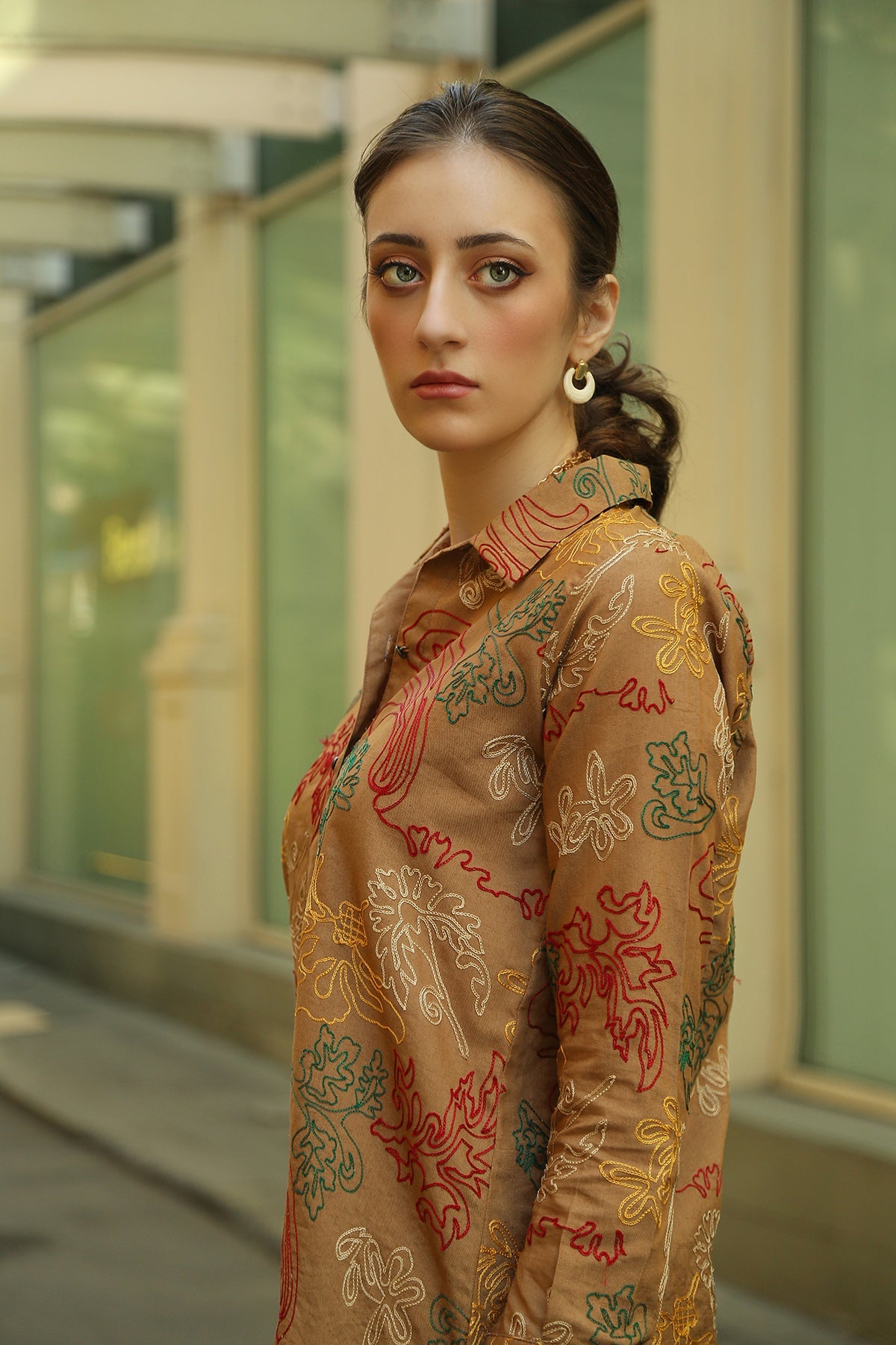 fascinating loose fit allover aari embroidered button down shirt