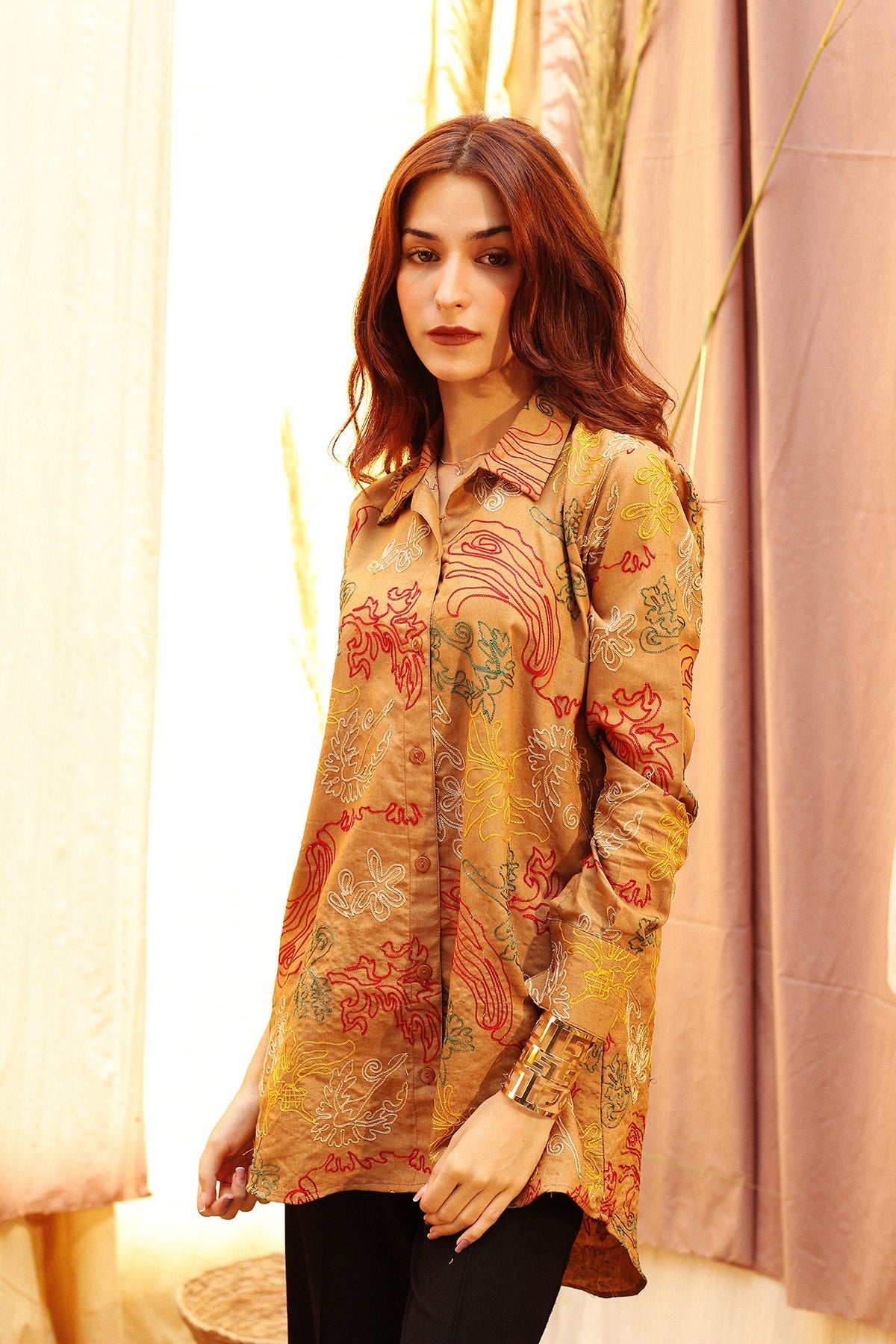 fascinating loose fit allover aari embroidered button down shirt