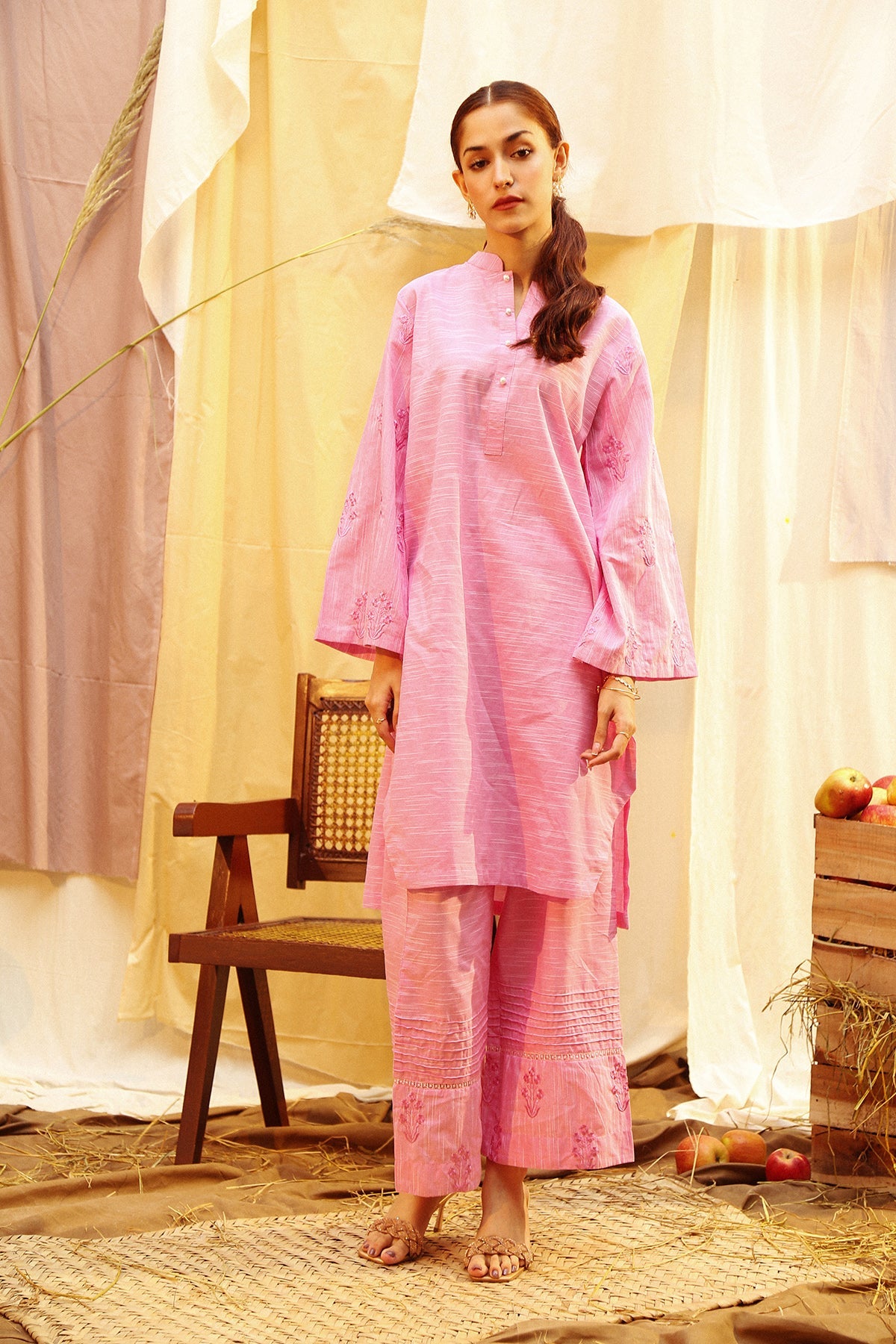 Self floral embroidered kurta sleeves shirt with embroidered trouser