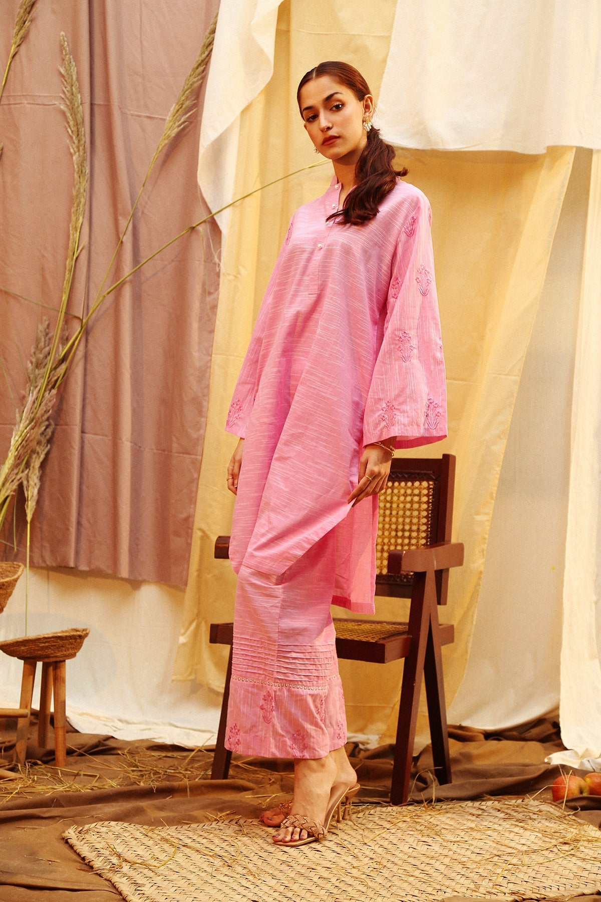 Self floral embroidered kurta sleeves shirt with embroidered trouser