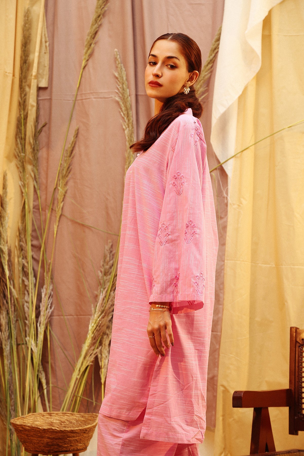 Self floral embroidered kurta sleeves shirt with embroidered trouser