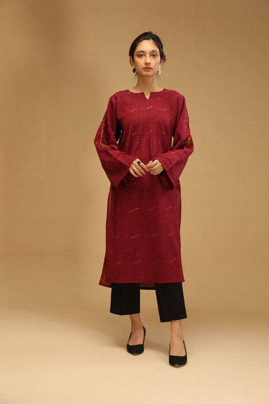 classy mid length shirt with embroidered sleeves and pintex on front