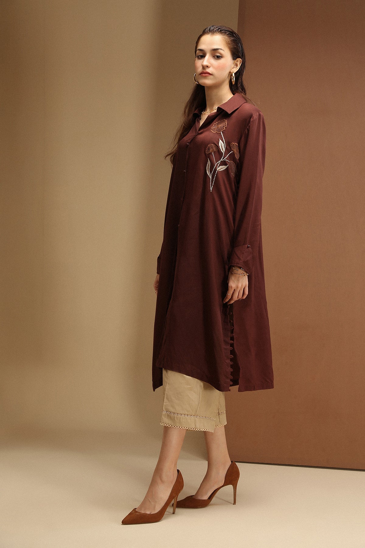 Long button down shirt with embroidered front and side loops