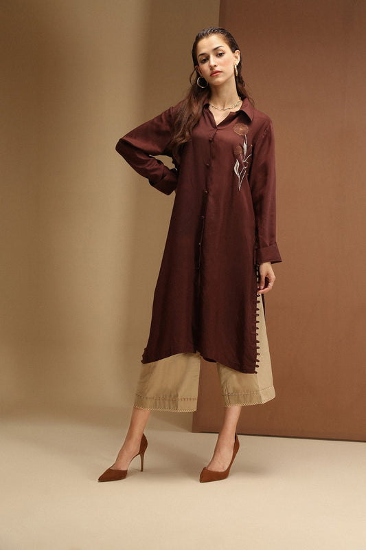 Long button down shirt with embroidered front and side loops