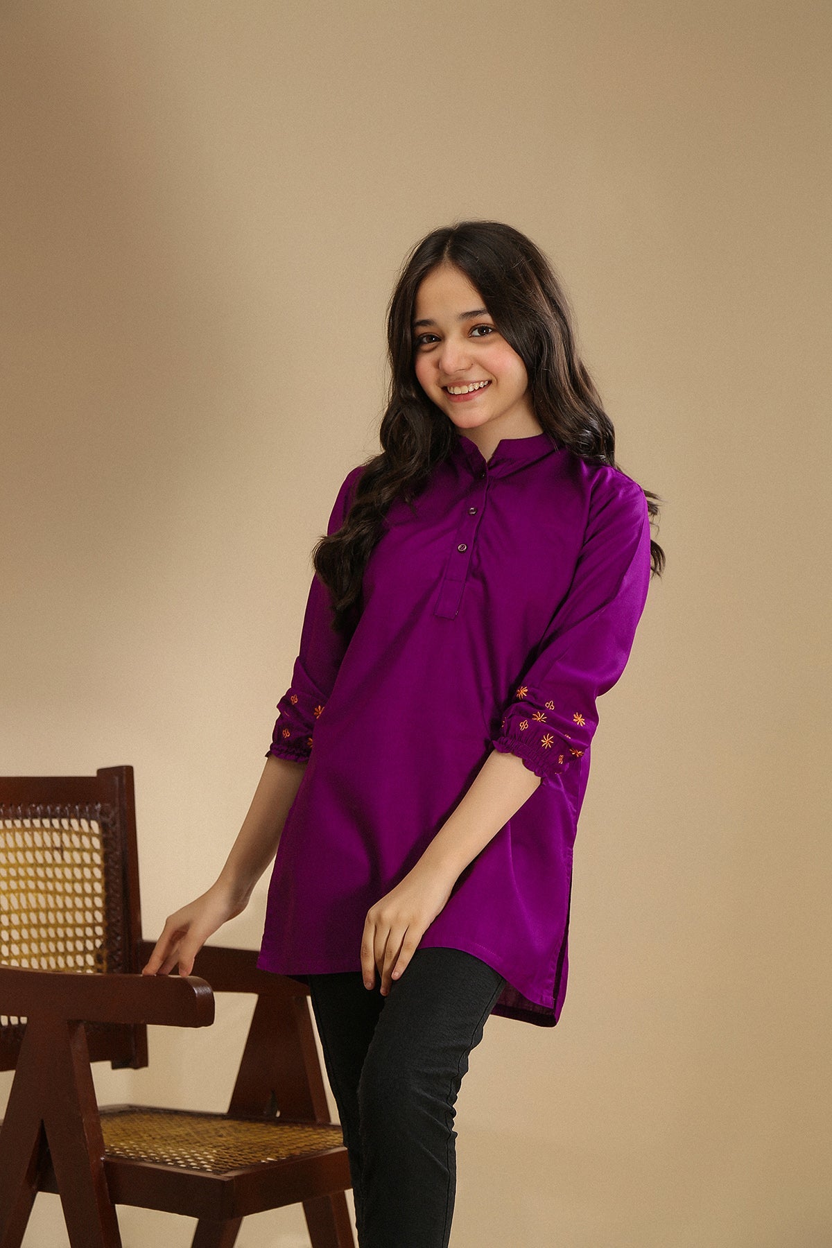 Vibrant hue embroidered sleeve shirt