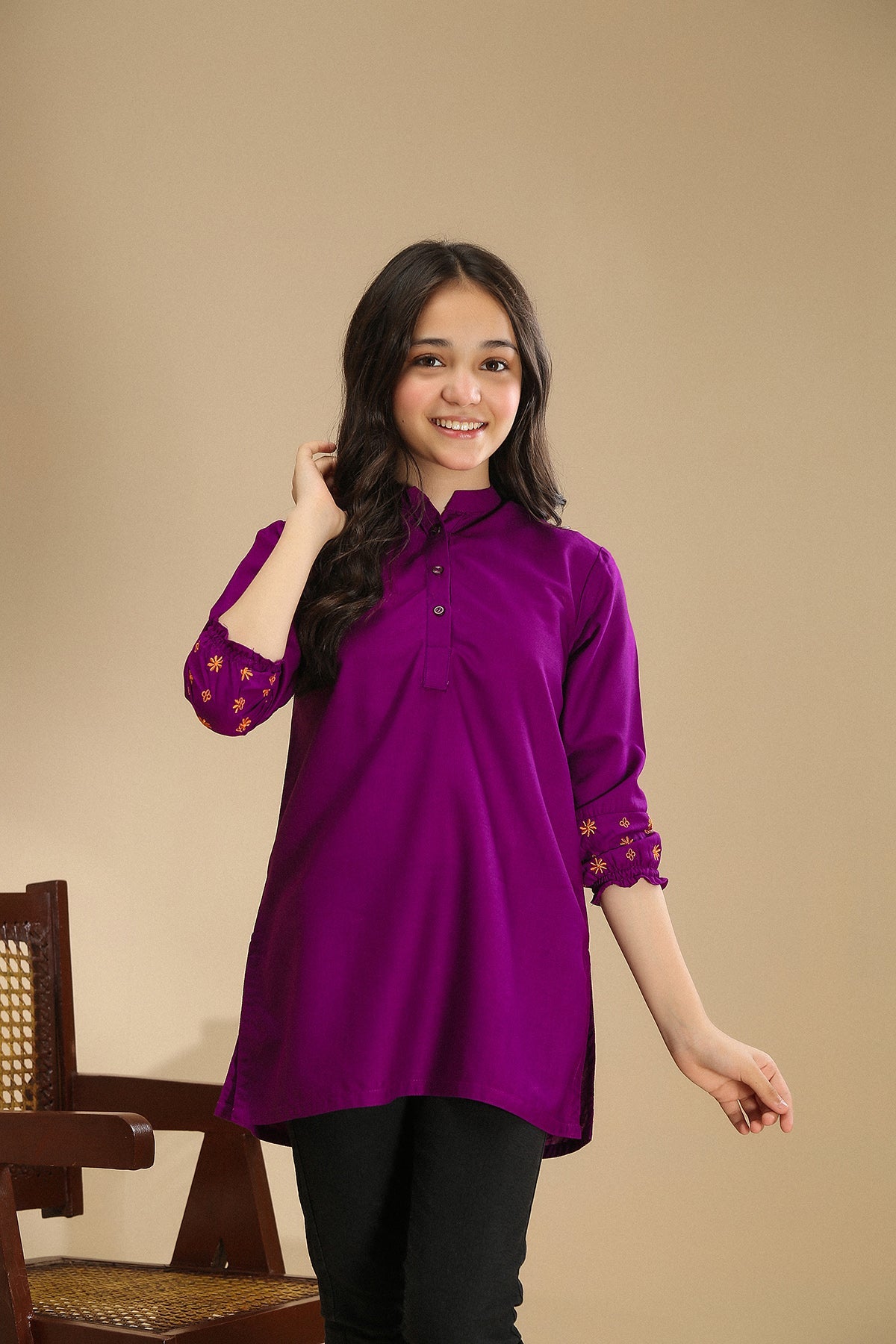 Vibrant hue embroidered sleeve shirt