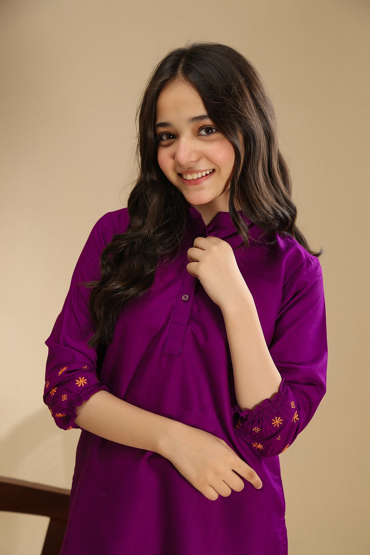 Vibrant hue embroidered sleeve shirt