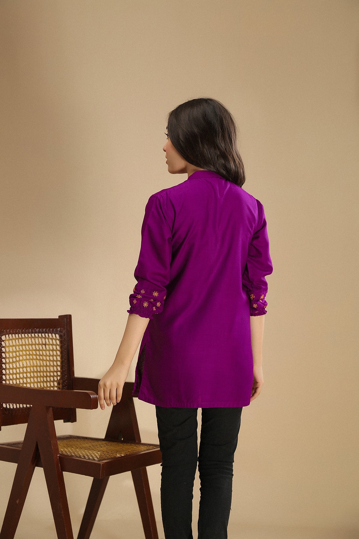 Vibrant hue embroidered sleeve shirt